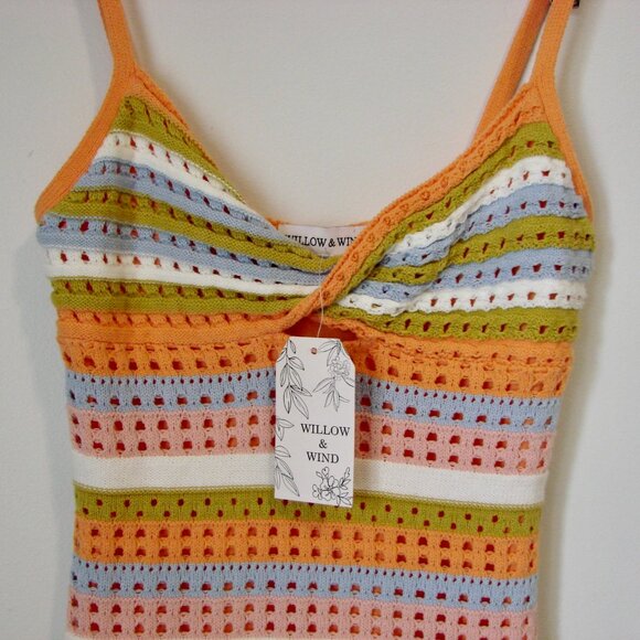 Crochet Dress Knit Tank Sleeveless Orange Pink Blue Green Stripes NEW NWT  XS - Picture 2 of 16